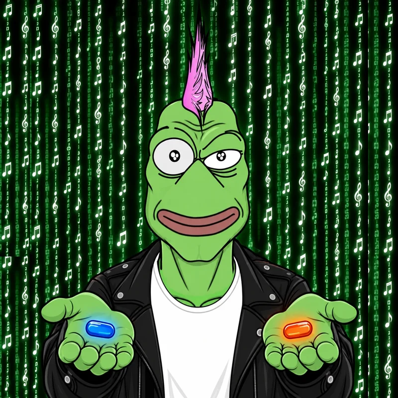 Friggy PEP offering a blue pill and an orange pill in front of falling green music notes