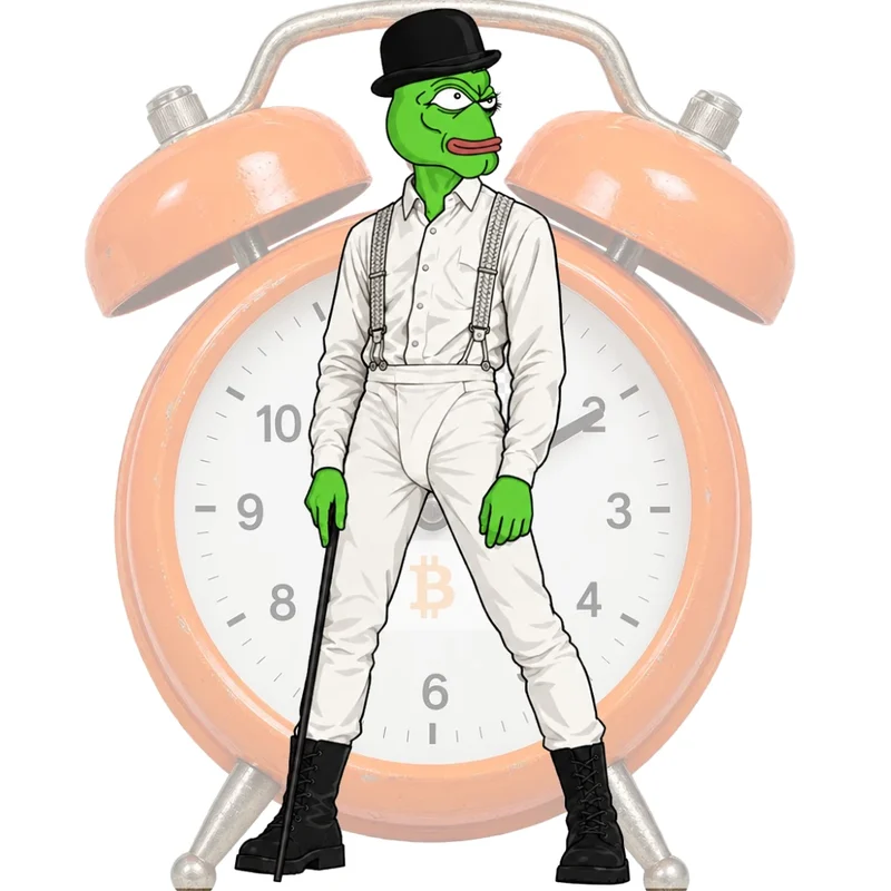 Friggy PEP in white with bowler hat and cane, in front of a Bitcoin alarm clock