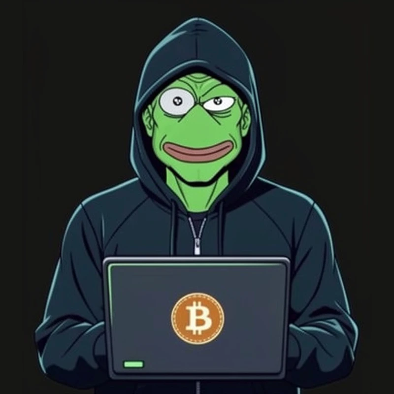 Hooded Friggy PEP typing on a Bitcoin laptop