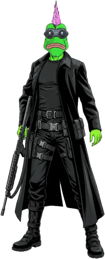 Friggy PEP in a long black coat and night-vision goggles