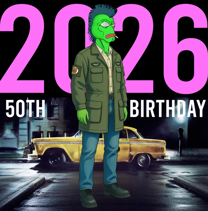 Friggy PEP in a Travis jacket in front of a yellow cab: 2026, 50th birthday