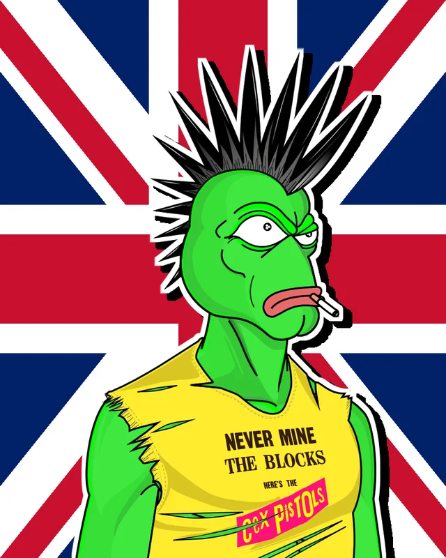 Friggy PEP in a ripped yellow Cex Pistols tee in front of a vertical Union Jack